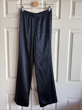 Classic Navy Blue Wide-Leg Silk Satin Pull-On Pants